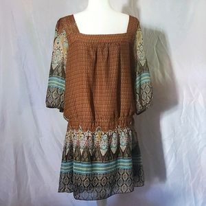 Brown and Turquoise Patterned Blouse
